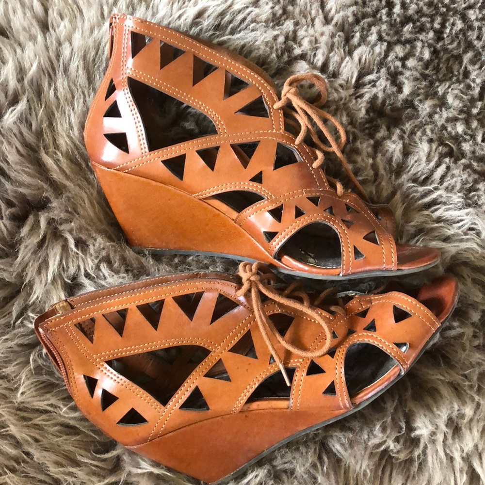 Brown leather cutout wedges